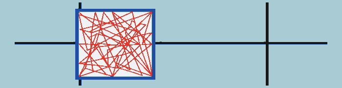 A red knot is contained inside a blue chamber connected to black structural rails on an ice-blue field.